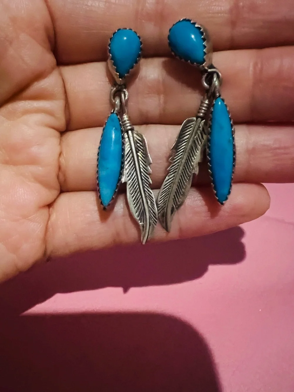 Vintage Old Pawn Turquoise Sterling Silver Feather Earrings
